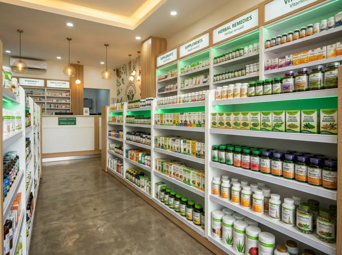 Interior de farmacia, estantes de suplementos